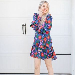 WAYF Eva Cobalt Floral Puff Sleeve Mini Dress